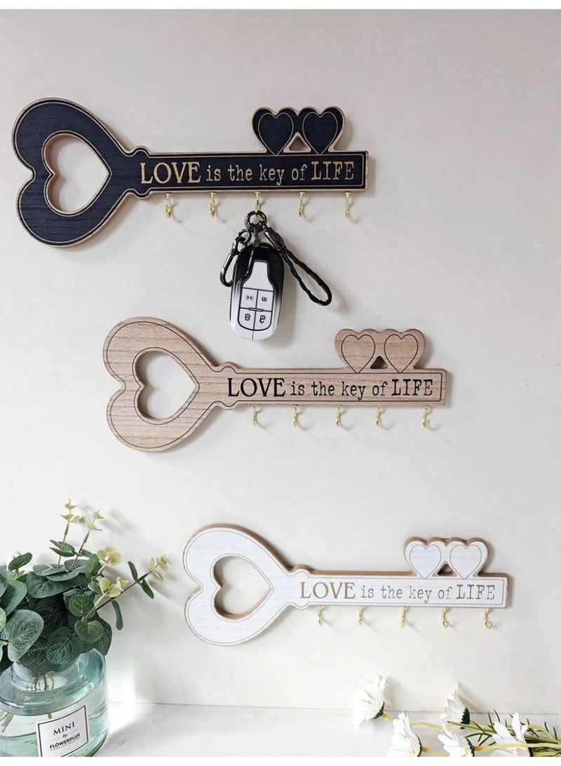 1 Love Is the Key of Life Wall Key Holder – Wooden Key-Shaped Wall Decor with Hooks – Rustic Home Entryway Key Rack – Romantic House Organizer - Image 2
